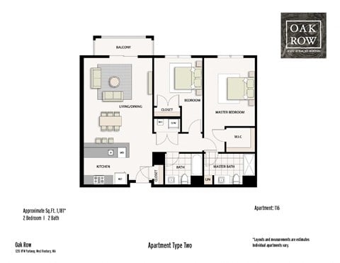 Floor plan for 2 beds, 2 baths, 1181 sqft